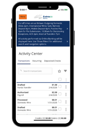 Extraco Bank Mobile App on an Android