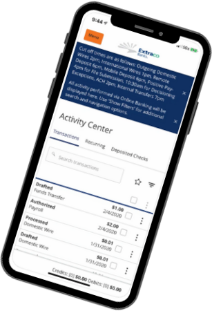 Extraco Bank Mobile App on an Android