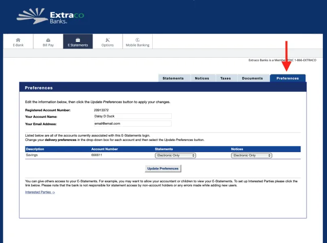 eStatement preferences tab