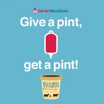 Give a pint of blood during Extraco's blood drive and receive a coupon for a pint of free Blue Bell Ice Cream.